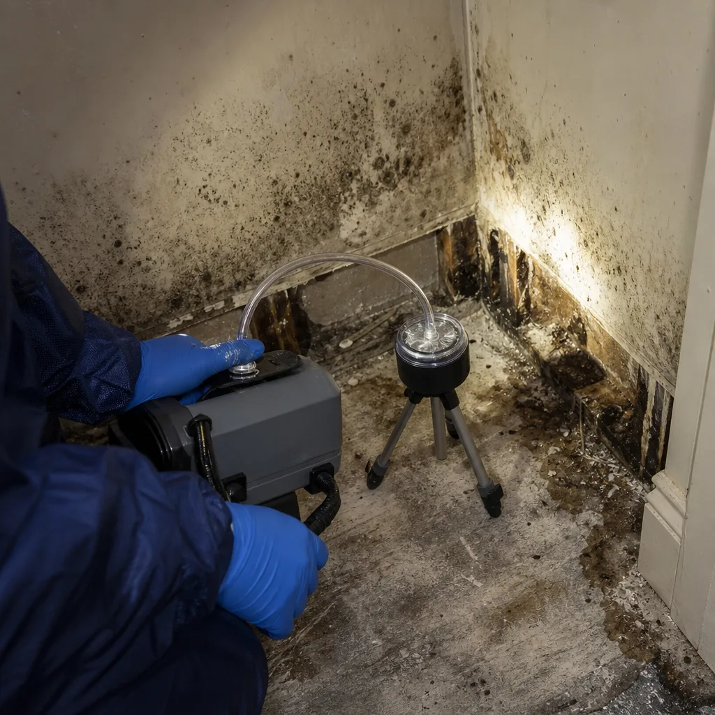 Professional mold inspector performing air quality testing in a damaged home
