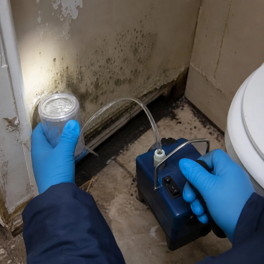 Professional technician performing air quality mold testing in a bathroom