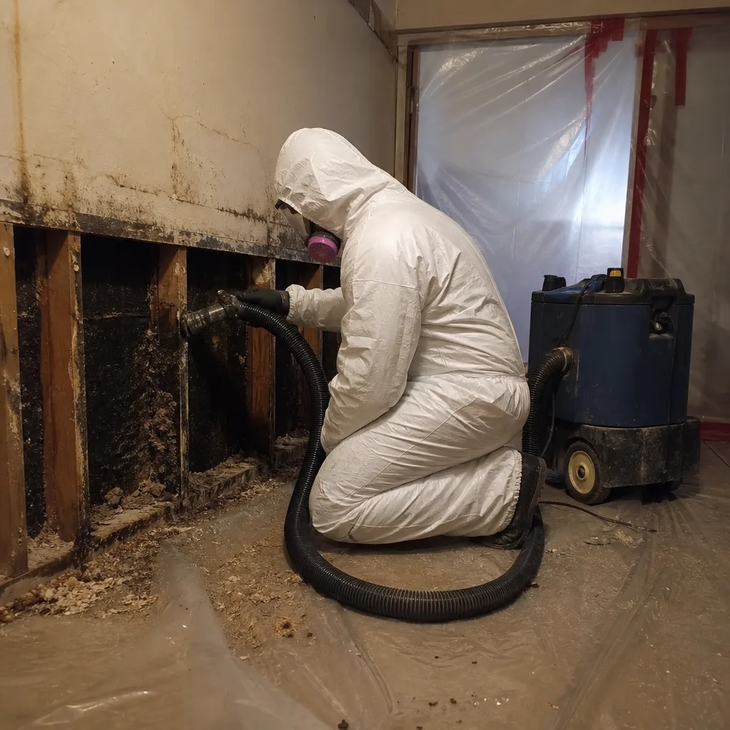 Professional in hazmat suit performing mold remediation with industrial vacuum