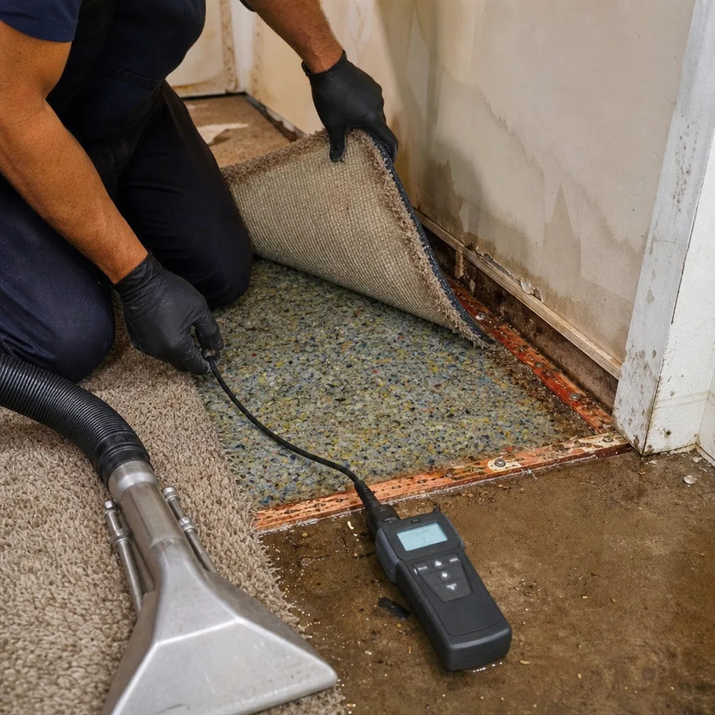 Water damage restoration professional using a moisture meter on soaked carpet