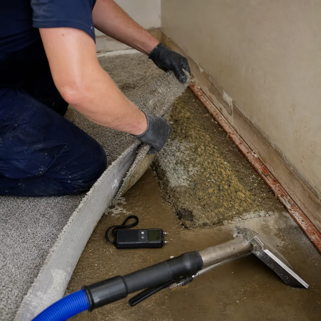 Professional restoration technician remediating water damage by extracting moisture from carpet