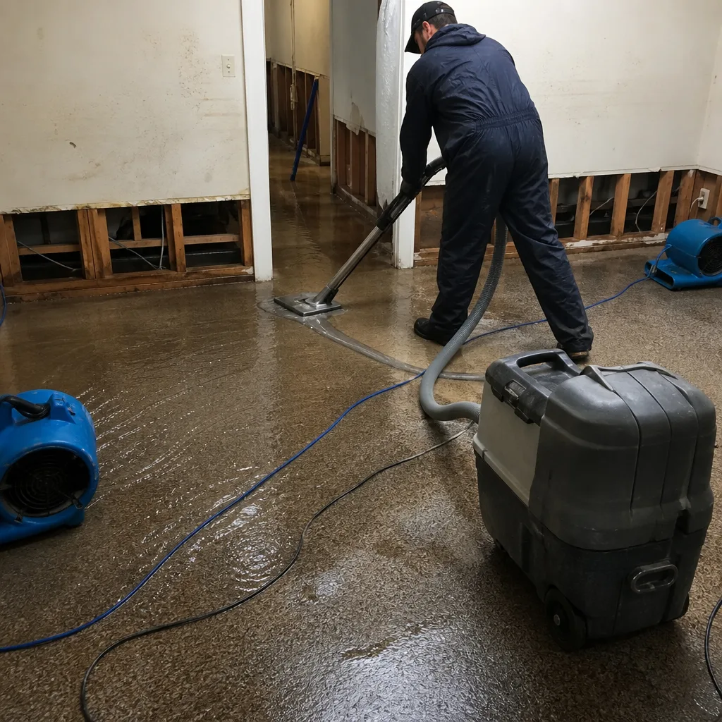 Water damage restoration professional using industrial extraction vacuum on flooded floor
